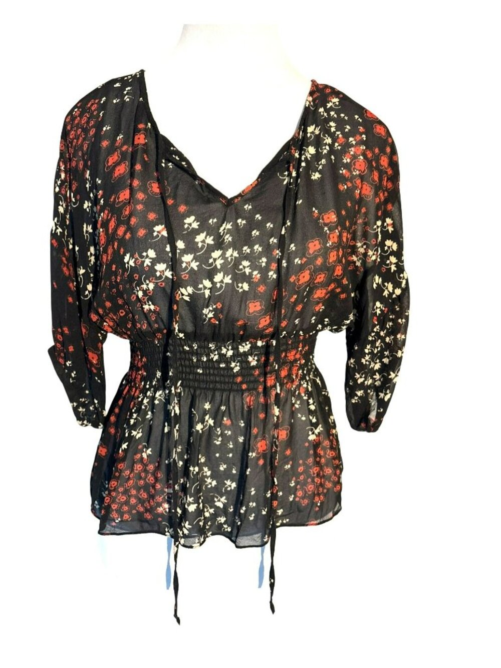 Anthropologie Fei Semi-Sheer Floral Silk Peasant Blouse With Smocked Waist XS